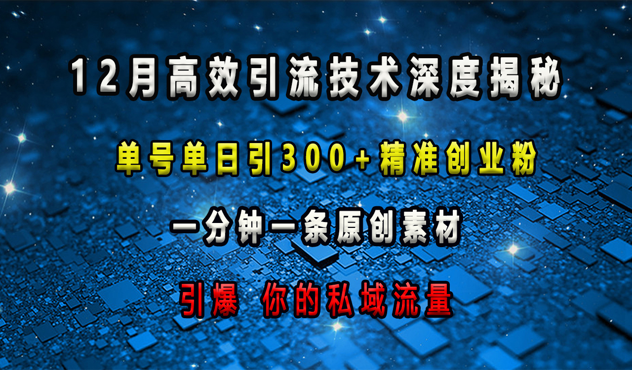 12月高效引流技术深度揭秘 ，单号单日引300+精准创业粉，一分钟一条原创素材，引爆你的私域流量-云峥科技网