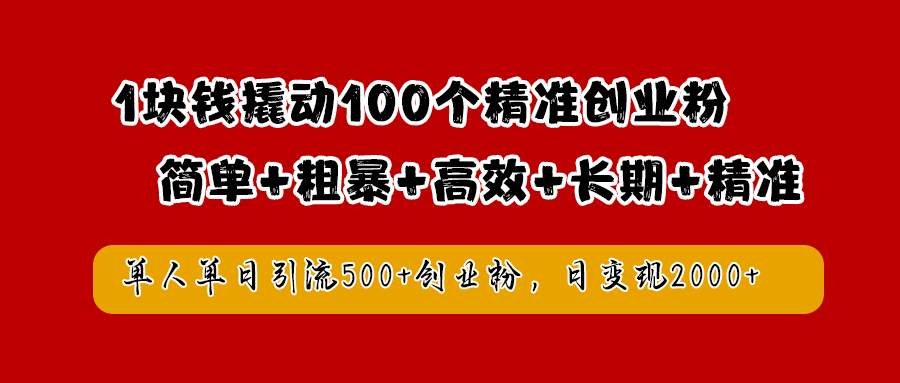 1块钱撬动100个精准创业粉，简单粗暴高效长期精准，单人单日引流500+创业粉，日变现2000+-云峥科技网