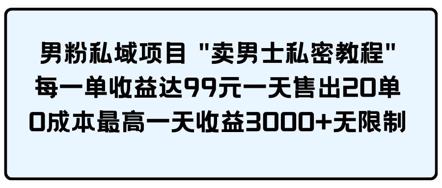 男粉私域项目 卖男士私密教程 每一单收益达99元一天售出20单-云峥科技网