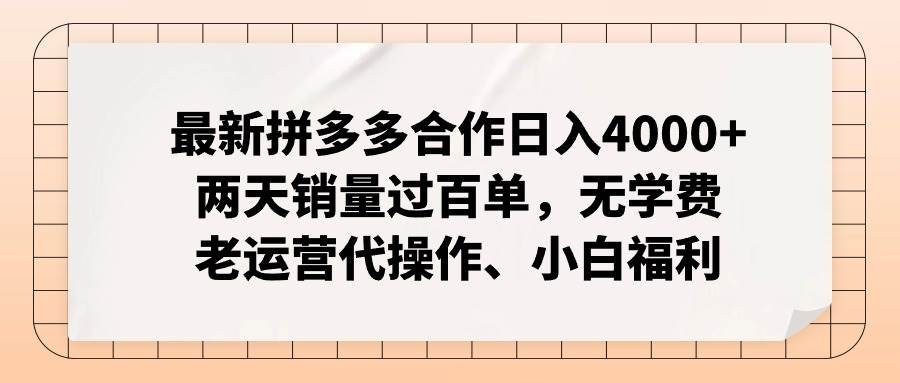 最新拼多多合作日入4000+两天销量过百单，无学费、老运营代操作、小白福利-云峥科技网