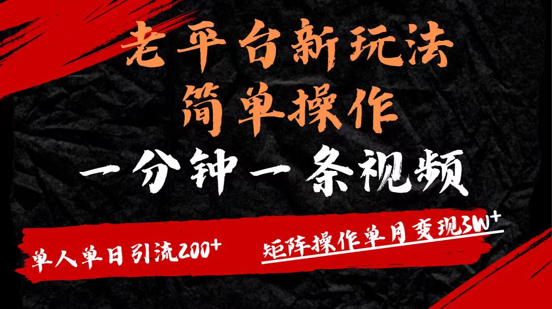 老平台，新玩法，简单操作，一分钟一条视频，单人单人引流200+矩阵操作，单月变现3W-云峥科技网
